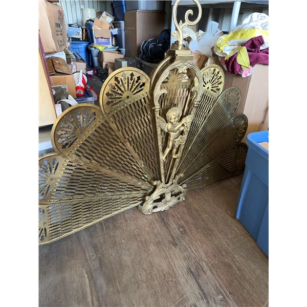 Brass Folding Fireplace Fan Screen with Cherub Motif