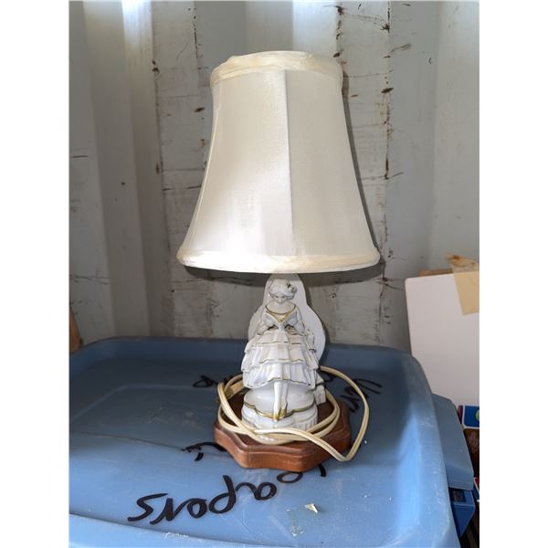 Porcelain Figure Lamp and Cheese Boxes with Mixed Books in Tote