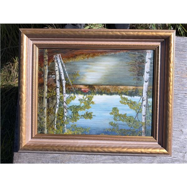 Framed Landscape Oil Painting Signed EPB with Birch Trees and Lake