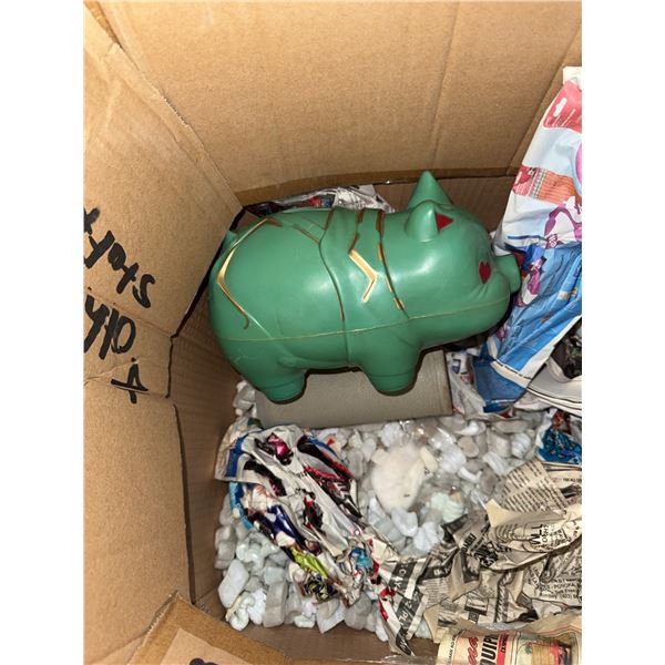 Two Decorative Piggy Banks Including Ceramic Pig with Red Overalls and Green Pig Bank