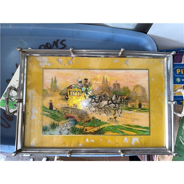 Collectible Serving Tray with Stagecoach Scene Under Glass in Silver Tone Frame