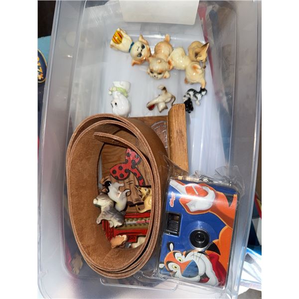 Lot: Tony the Tiger Kellogg's Camera, Ceramic Animal Figurines, Belt, and Wooden Thermometer Decor
