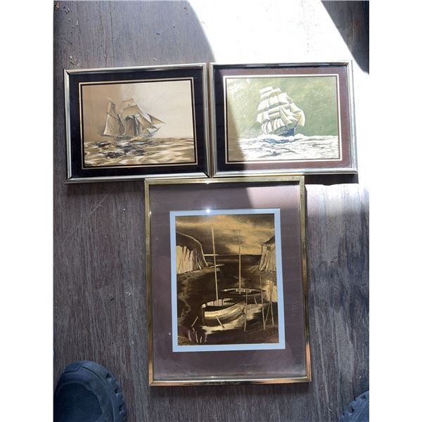 3 Nautical Framed Etchings with Ships and Boats