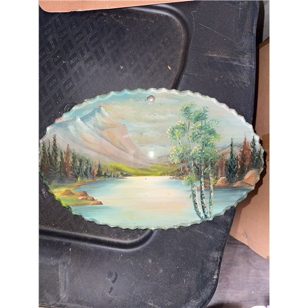 Hand-Painted Oval Landscape Wall Plaque on Scalloped Glass