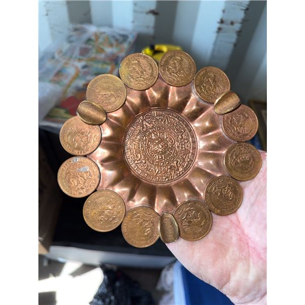 Copper Ashtray with Mexican Coin Embellishments and Aztec Calendar Motif