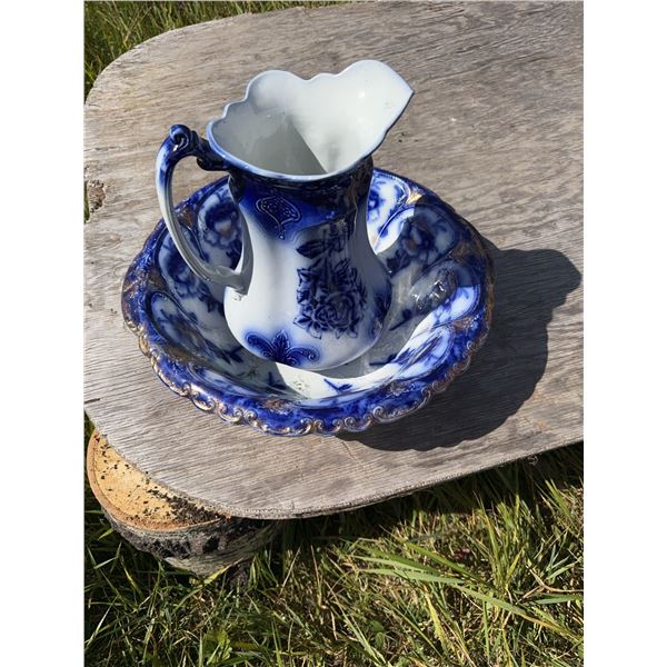 English Flow Blue Ironstone Pitcher and Wash Basin Set