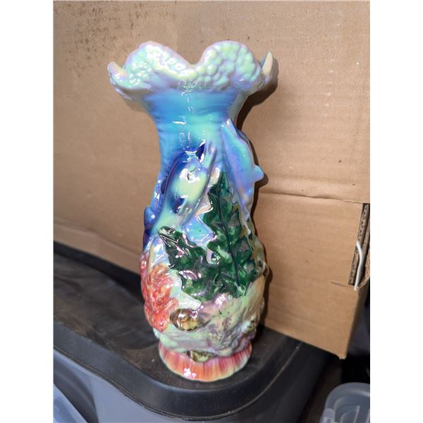 Iridescent Ceramic Vase With Fish and Underwater Motif