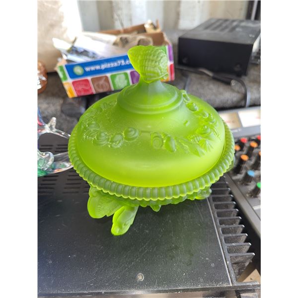 Green Satin Uranium Glass Lidded Candy Dish with Floral Design