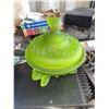 Image 1 : Green Satin Uranium Glass Lidded Candy Dish with Floral Design