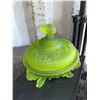 Image 6 : Green Satin Uranium Glass Lidded Candy Dish with Floral Design