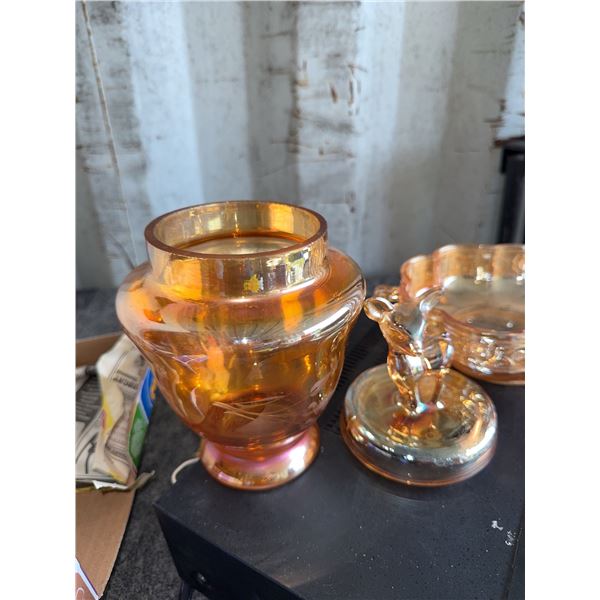 Iridescent Amber Glass Vanity Set with Deer Lid Dish and Footed Jar