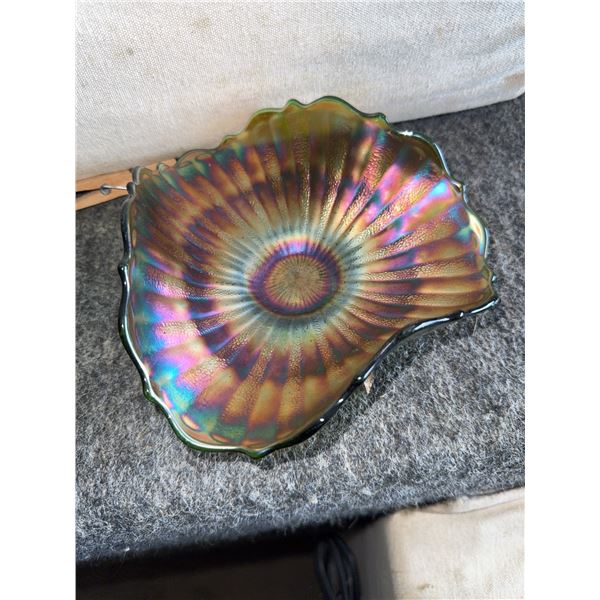 Green Iridescent Pressed Glass Ruffled Bowl