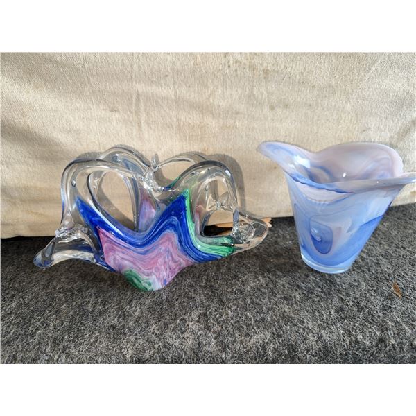 Art Glass Pieces, Abstract Dish and Swirl Vase