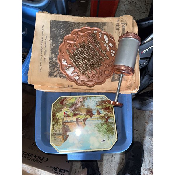 Decorative Items Including Tin, Wall Hanging, and Roller