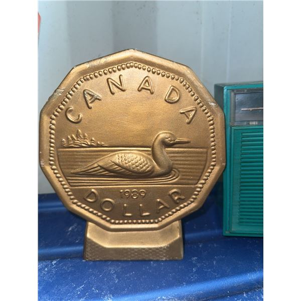 Canada Loon Dollar Coin Bank, 1989, Gold-Tone Cast Metal