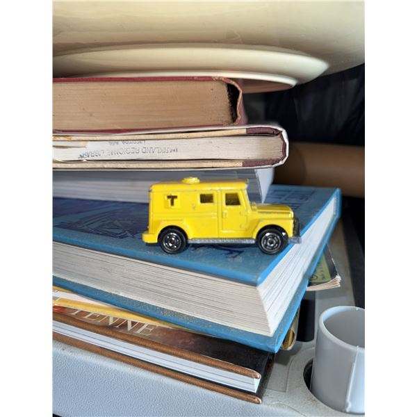 3 Die-Cast Vehicles: Yellow Armoured Car, Blue Ford Tractor, Beige Sports Car