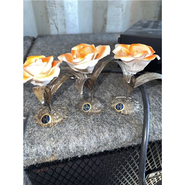 Danforth Italy Sterling Silver and Porcelain Rose Figurines, Set of 3