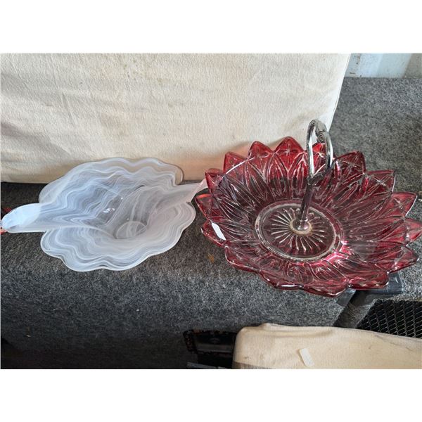Two Decorative Glass Bowls Including Red Cut Glass Basket