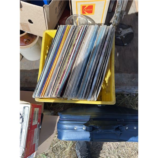 Vintage Vinyl LP Records Collection in Yellow Crate