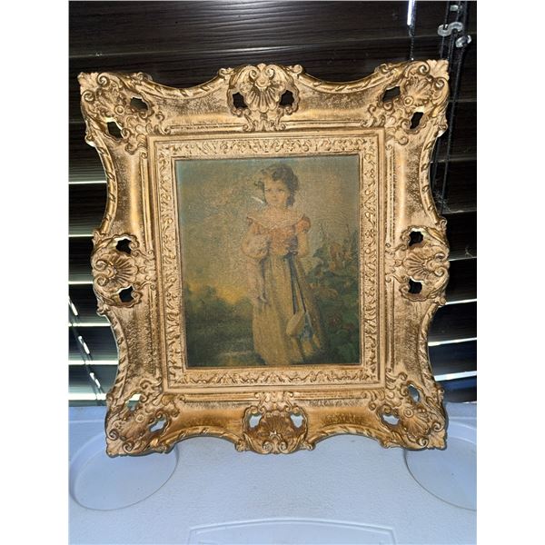 Framed Print of Young Girl Holding a Lamb in Ornate Gold Frame