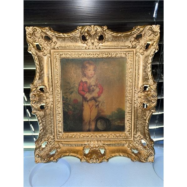 Framed Print of Child Holding Lamb in Ornate Gold-Tone Frame