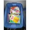 Image 1 : Bin of Mixed Paperback and Softcover Books Including Reference and Card Games