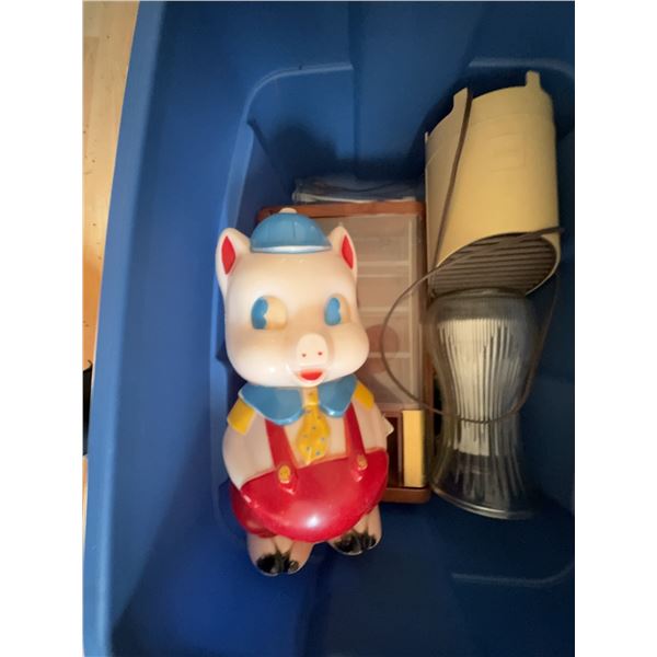 Plastic Pig Bank with Blue Hat and Red Overalls