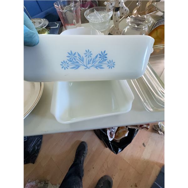Fire King Blue Floral Pattern Milk Glass Baking Dish Set