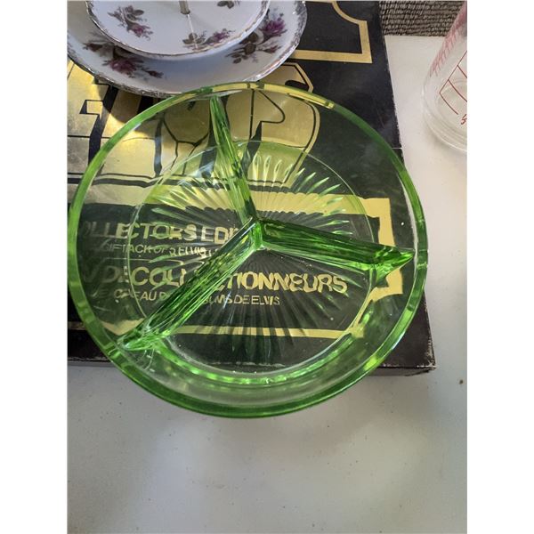 Green Glass Three-Compartment Divided Serving Dish