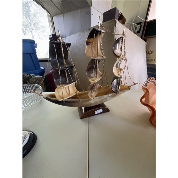 Sailing Ship Model With Horn Sails and Wood Base