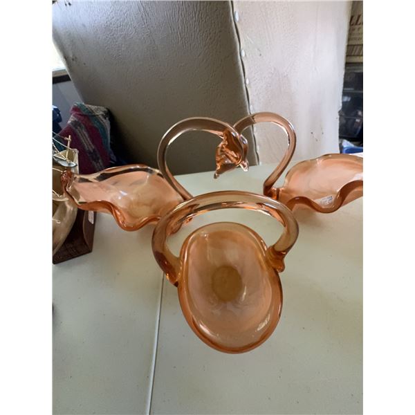Three Pink Art Glass Swan-Shaped Dishes