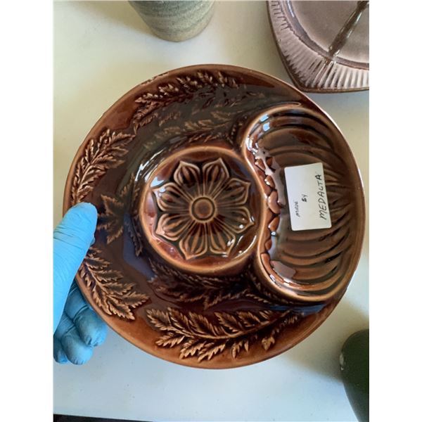 Medalta Brown Glazed Ceramic Divided Plate with Leaf and Flower Design