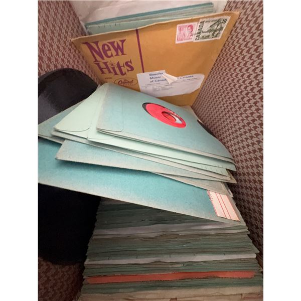 45 RPM Records With Sleeves in Brown Carrying Case