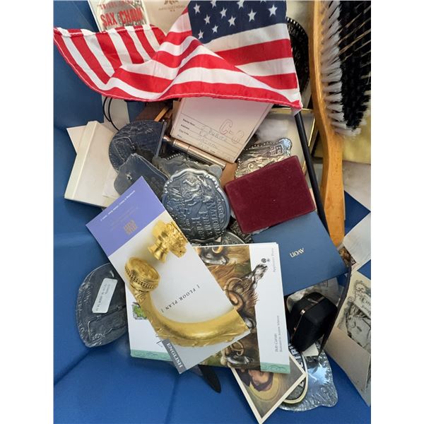 Collectibles Lot: Belt Buckles, Book, Flag, and Mixed Ephemera