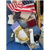 Image 1 : Collectibles Lot: Belt Buckles, Book, Flag, and Mixed Ephemera