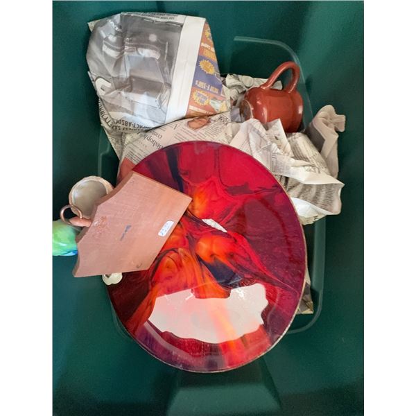 Sunburst Canada Pottery, Red Glass Plate, Mug, and Stubby Bottle