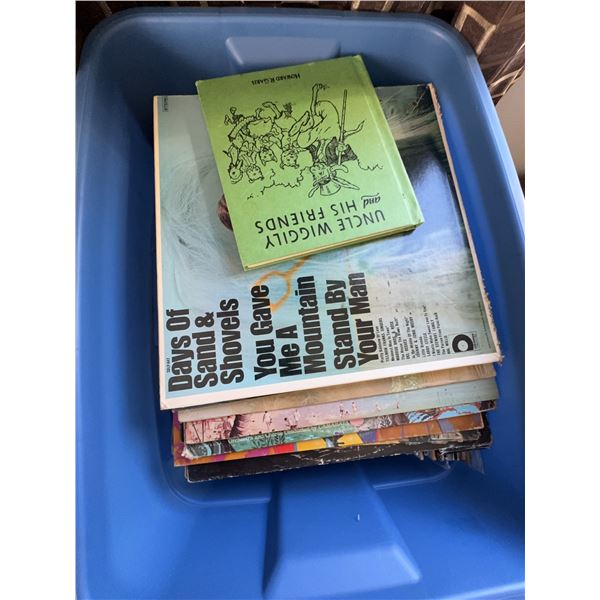Large Bin of Assorted Vinyl Records and Uncle Wiggily Book