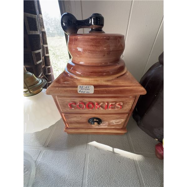 Brown Ceramic Cookie Jar with Cookie Label and Grinder-Style Lid
