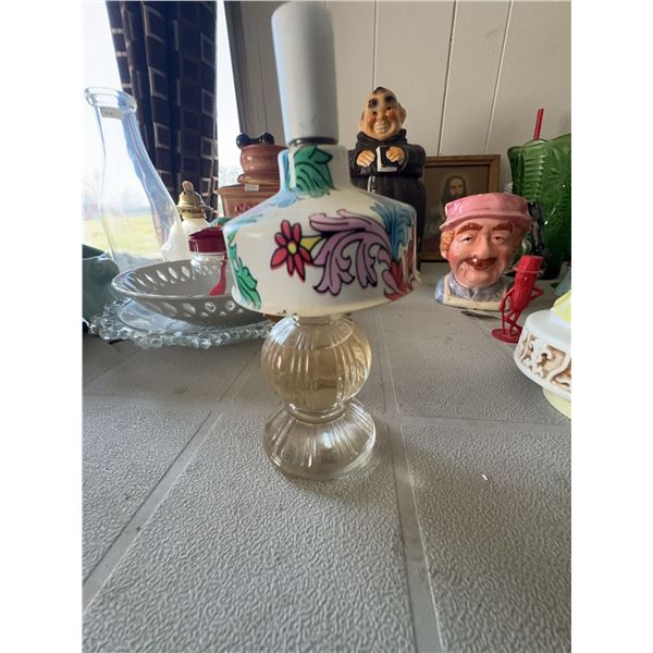Glass Oil Lamp with Painted Floral Ceramic Collar and White Chimney