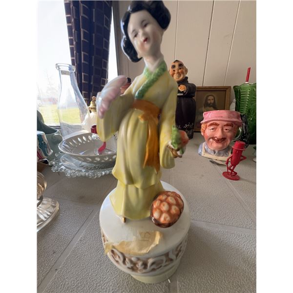 Porcelain Geisha Figurine Music Box with Yellow Kimono and Floral Accents
