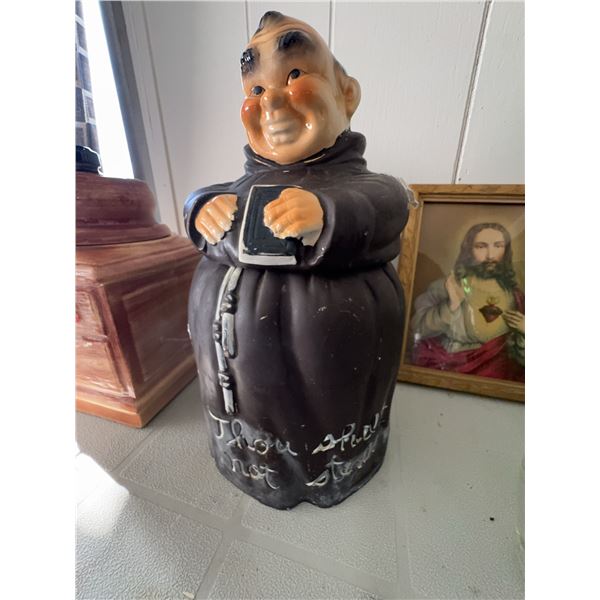 Ceramic Monk Cookie Jar with "Thou Shalt Not Steal" Inscription