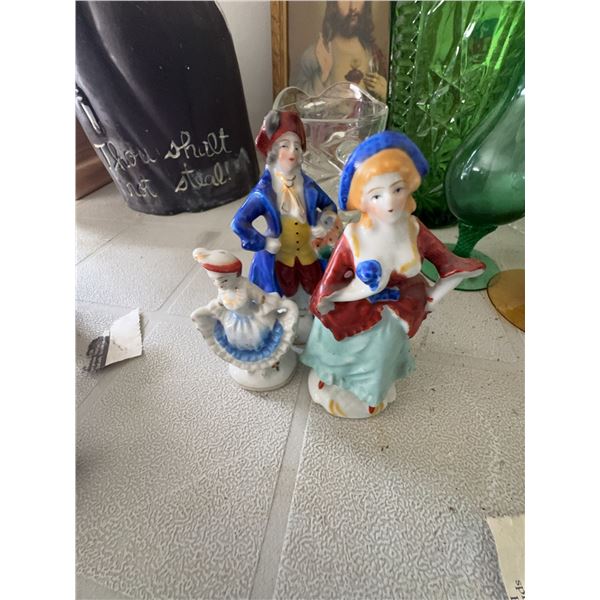 Occupied Japan Porcelain Figurines and Pair of Swirl Glass Vases