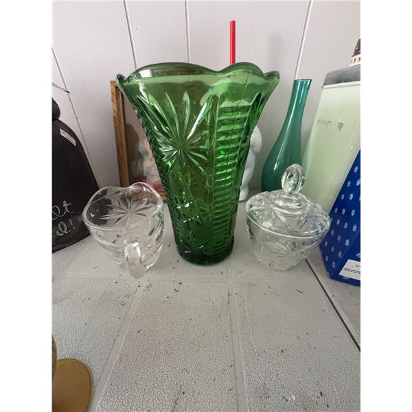 Green Pressed Glass Starburst Vase with Clear Glass Sugar Bowl and Creamer