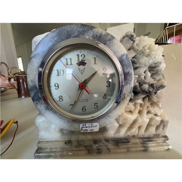 Chinese Soapstone Carved Mantel Clock with Mechanical Movement