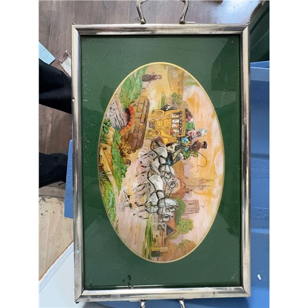 Hand-Painted Serving Tray with Coaching Scene Under Glass