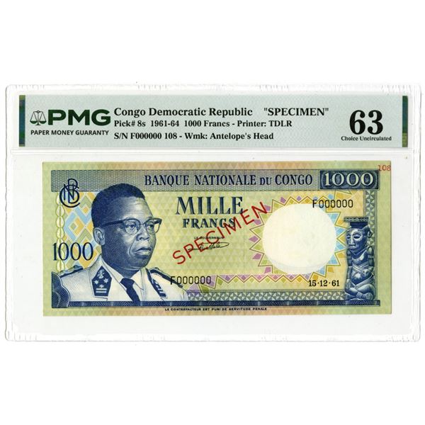 Banque Nationale du Congo, 1964, Specimen Banknote.