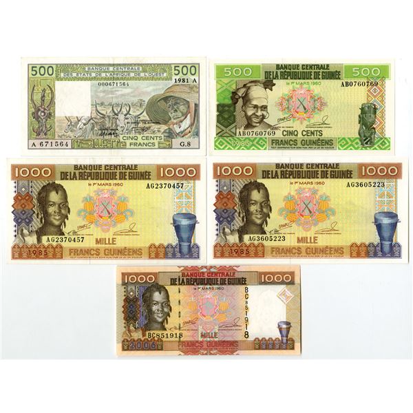 Ivory Coast and Guinea Issued Banknote Assortment, 1981 to 2006.