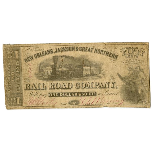 LA. New Orleans, Jackson & Great Northern Rail Road, Co., 1861, Issued Obsolete Scrip Note.