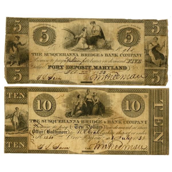 MD. Susquehanna Bridge & Bank Co. and City of Baltimore, 1832 and 1833, Obsolete Banknote Pair.