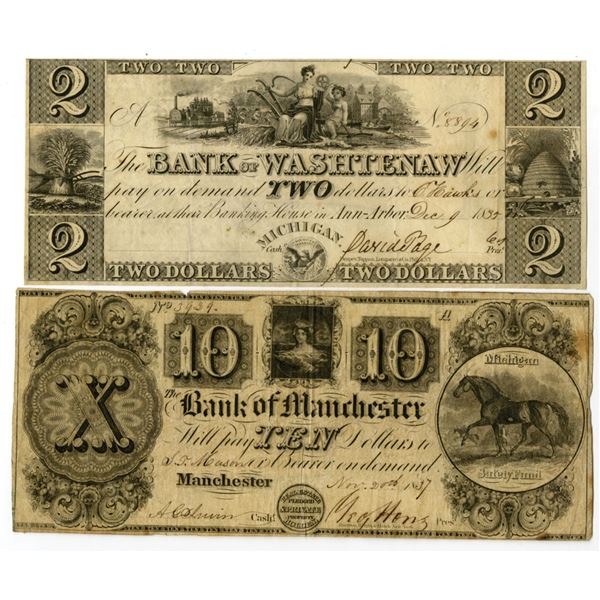 MI. Bank of Washtenaw and Bank of Manchester, 1835 and 1837, Issued Banknote Pair.